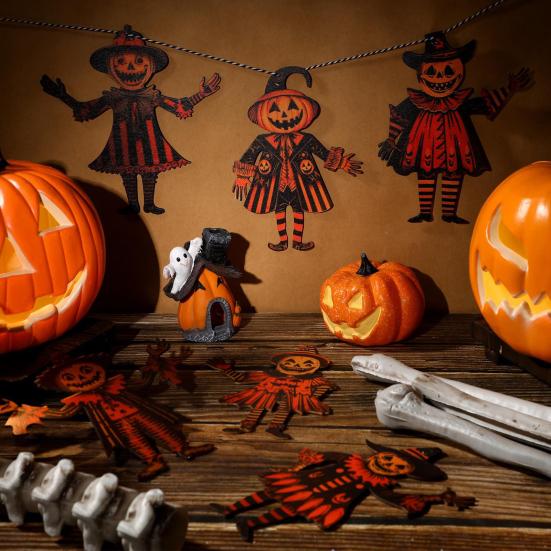 Yousheng 1/6Pcs Halloween Pumpkin Man Bunting Spooky Rustic Wooden Pumpkin Man Hanging Garland Table Sign Festival Ornament Decoration