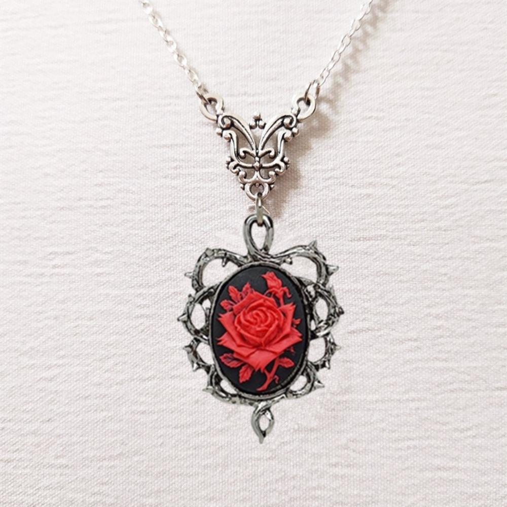 Fashion Gothic Red Rose Cameo Sliver Color Oval-shaped Thorny Frame Pendant Necklace for Women Halloween Retro Charm Jewelry