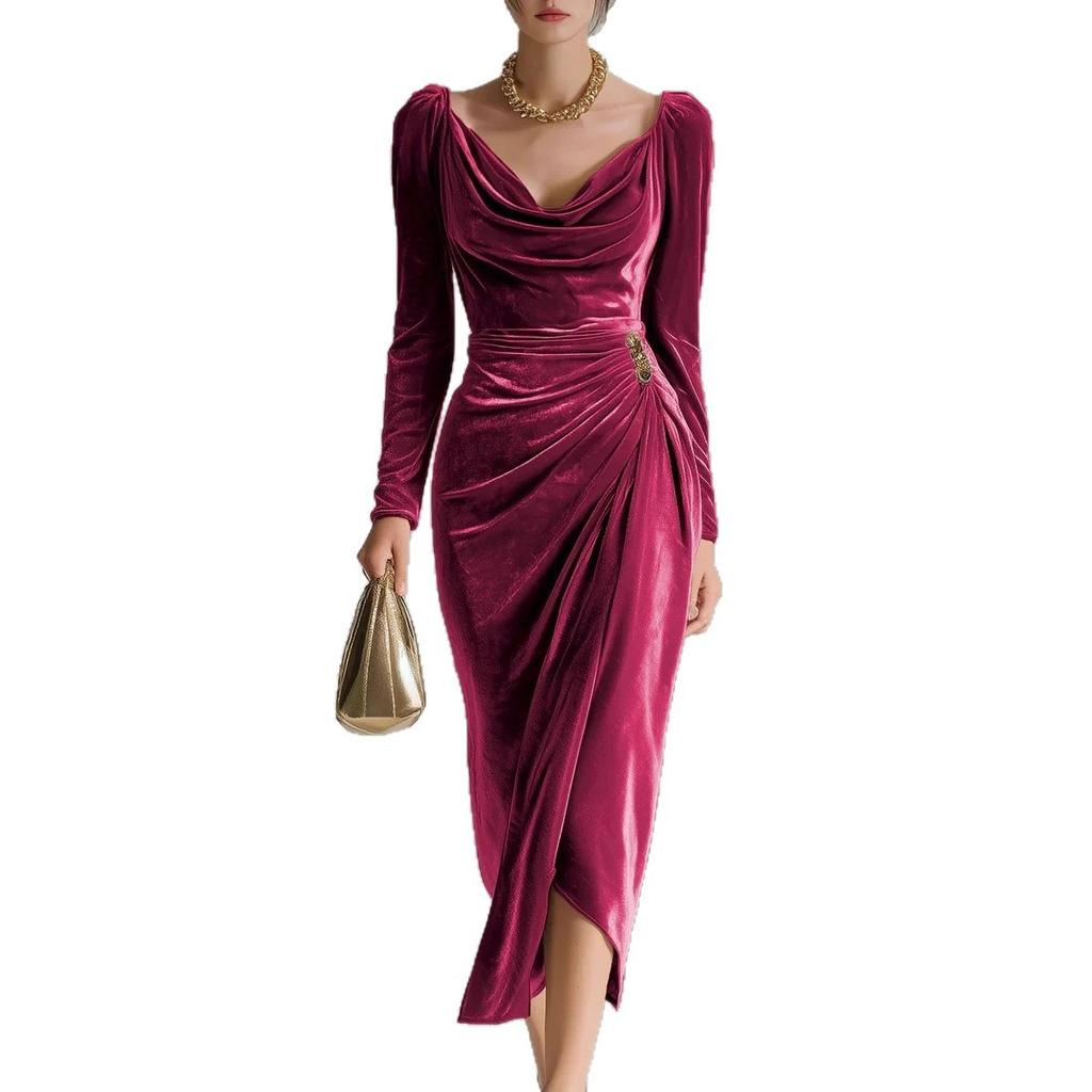European and American Women's Clothing, Casual Velvet Sexy New Long-sleeved, Thin Pleated Long Split Hip-wrapped Dress