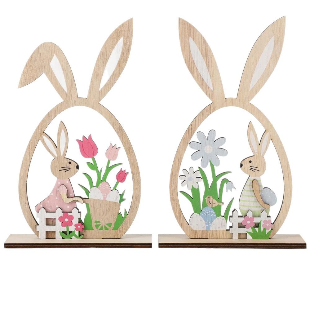 

2PCS 2026 Wooden Easter Rabbit Ornaments Craft Painting Bunny Spring Festival Table Ornament Happy Easter Party Home Decor