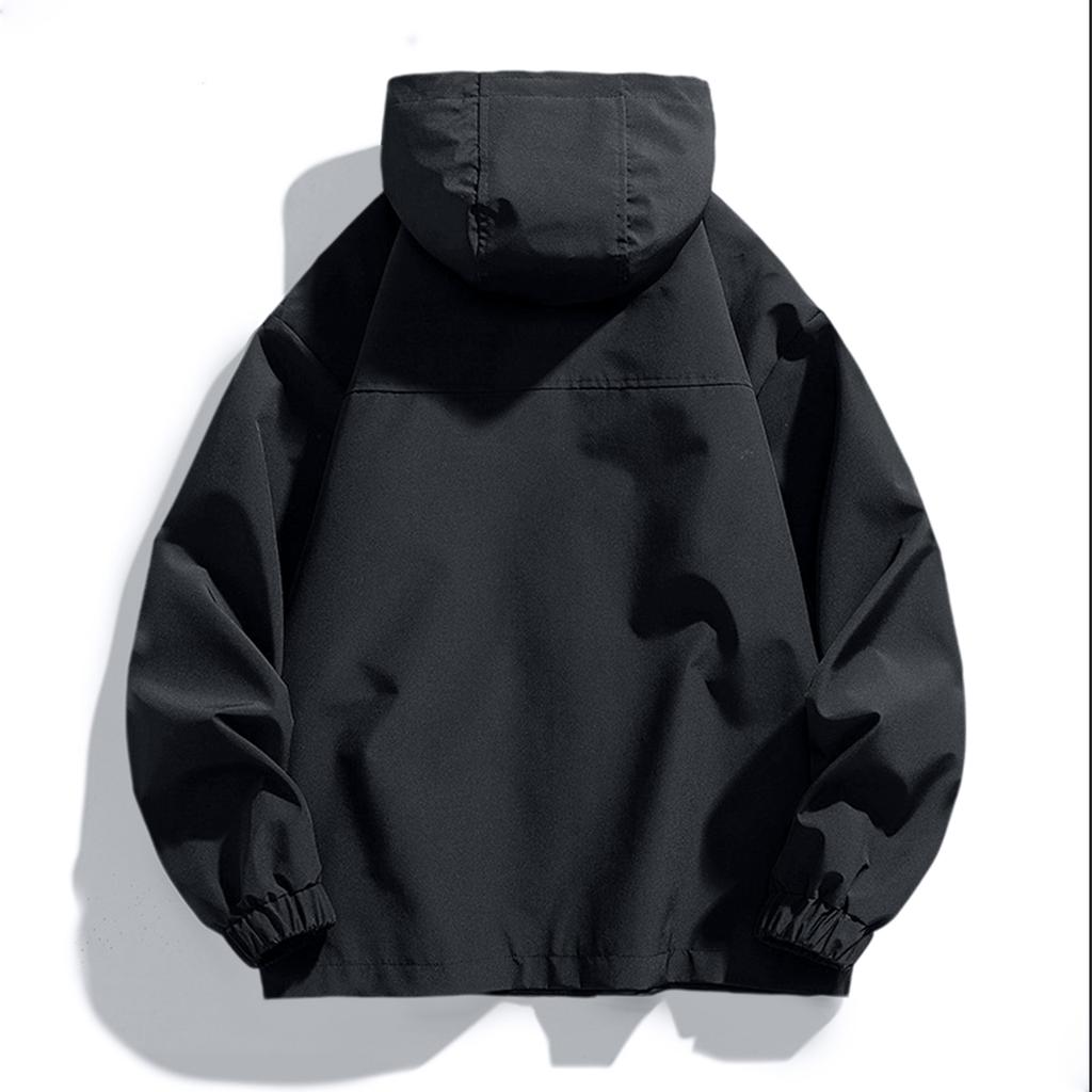 Men's Large Size Trend Casual Top Youth Hooded Everything Loose Jacket Elastic Drawstring Solid Color Windproof Jacket
