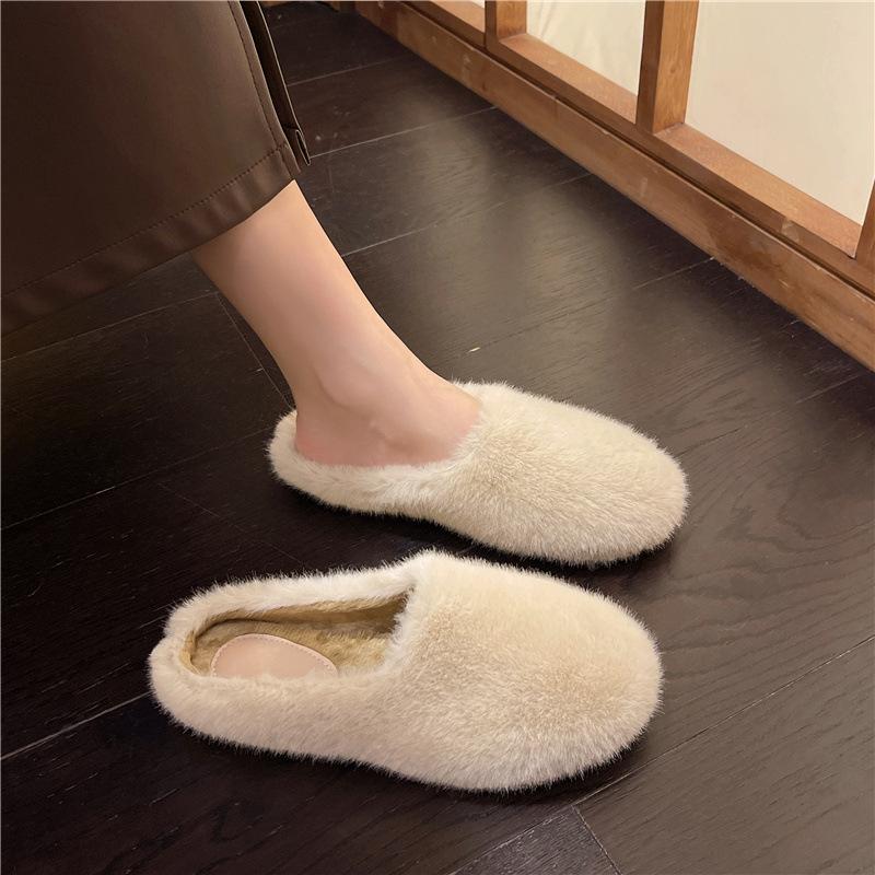 New Women Baotou Slippers Fashion Solid Color Soft Sole Furry Slippers Warm Flat Comfortable Casual Home Warm Houseshoes