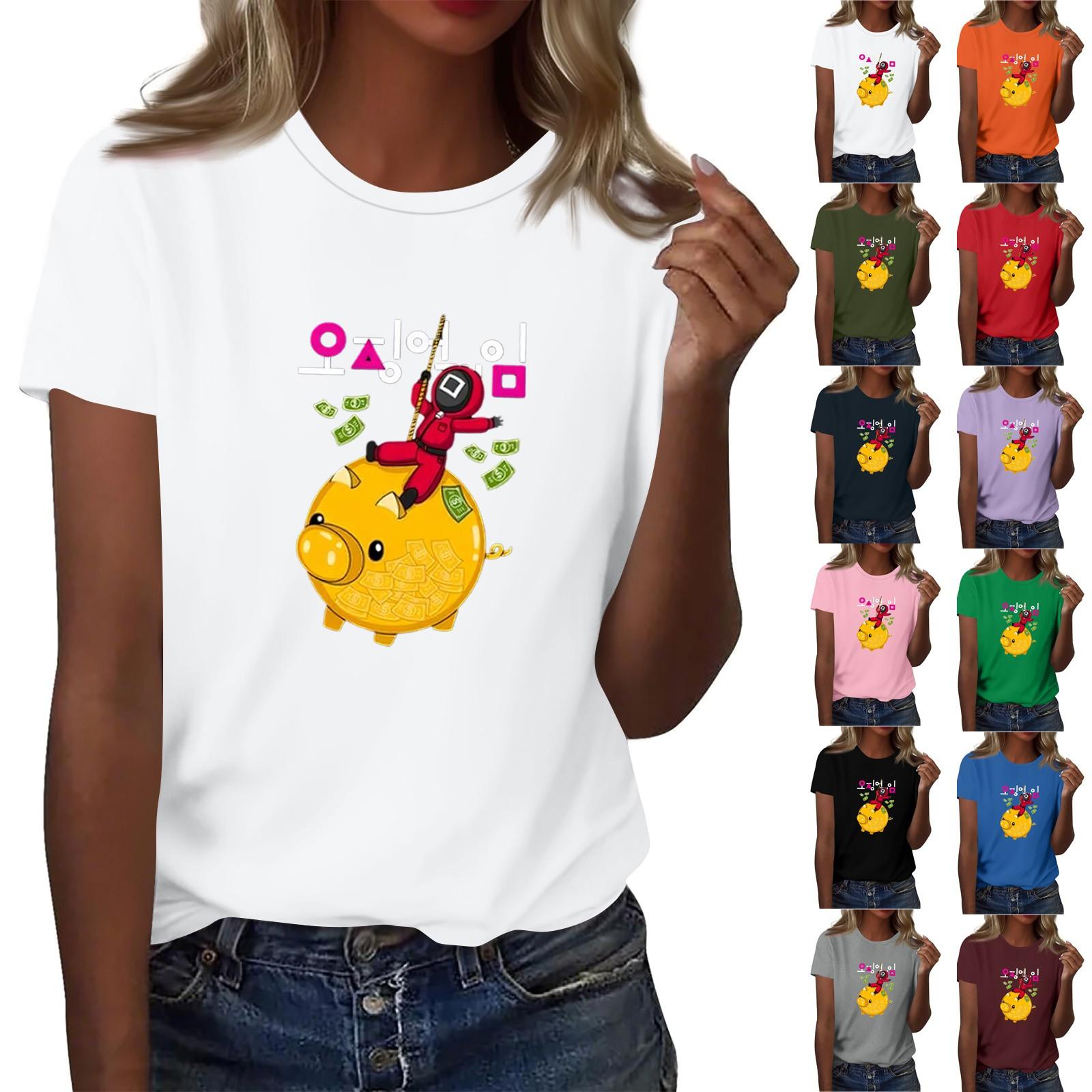 

Women s Round Neck Printed Short-sleeved T-shirt Top XL синій
