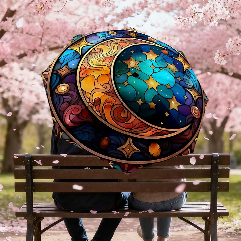 1PC Stained Glass Moon Stars Automatic Open/Close Umbrella with Windproof, 8-Rib Sturdy Canopy, Durable Ribs, Fashionable Design1371A