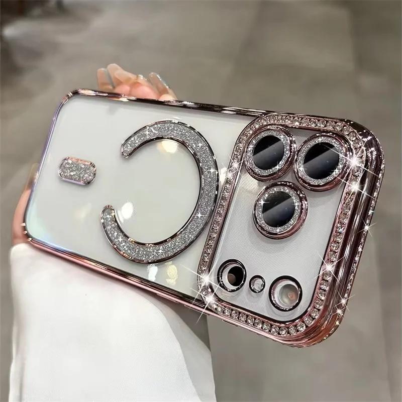 Diamond Glitter Plating Claer Phone Case For 17 Pro Max Air 14 15 Plus 11 12 13 16 Pro For Magsafe Magnetic Protect Cover