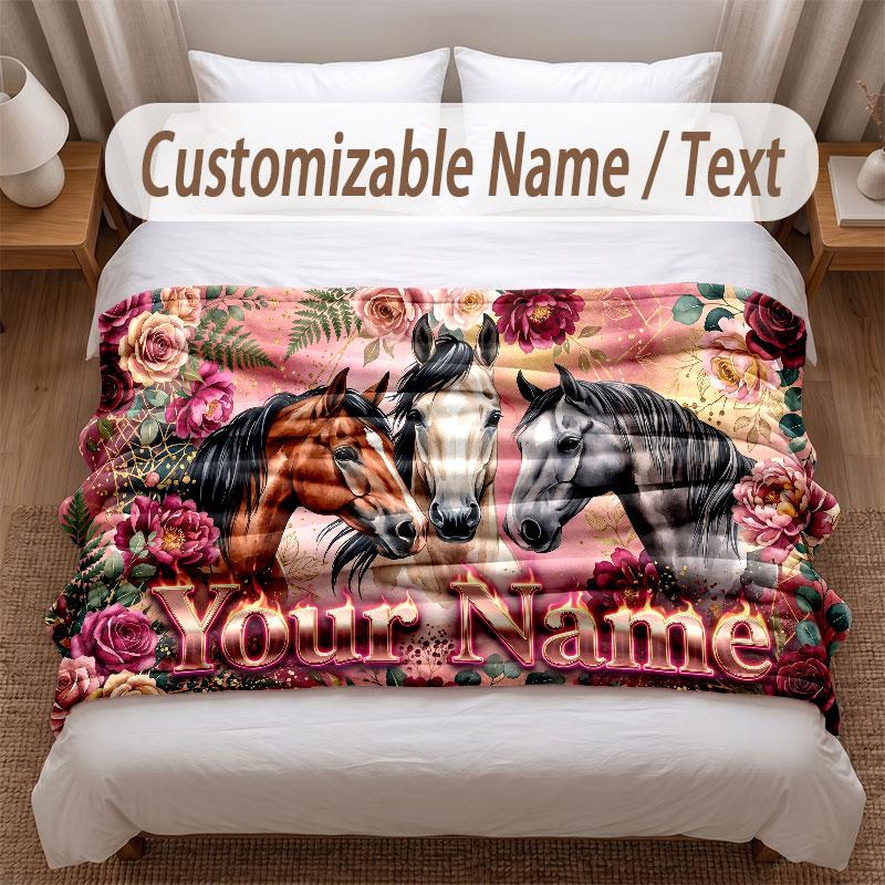 Horse Theme Soft Blanket Personalized Custom Name Text Print Warm Blanket Home Sofa Bedroom Decor