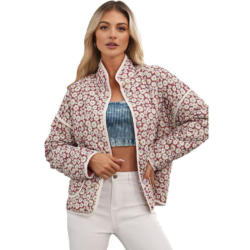 

и Американская Утепленная Теплая Контрастная Отделка Воротник-стойка Хлопковая Куртка для Женщин 2025 Зима Новинка Цветочный Принт Длинный рукав Верхняя одежда Женская Flowers Size S fit (45.00 kg-55.00 kg