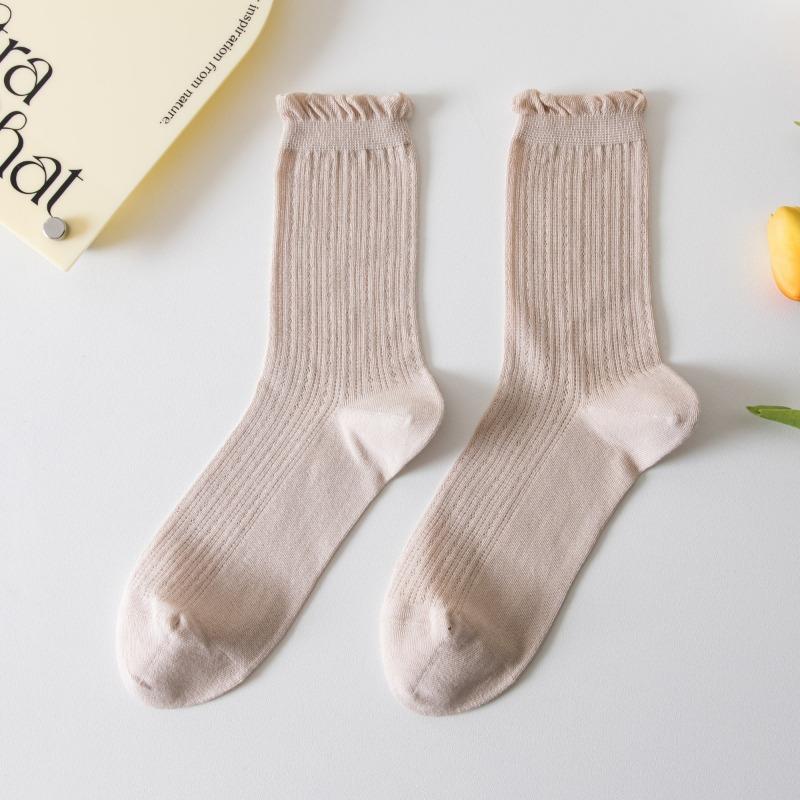 5 Pairs of New Female Spring and Summer Mesh Auricular Rimmed Boneless Pure Cotton Tube Stack Socks