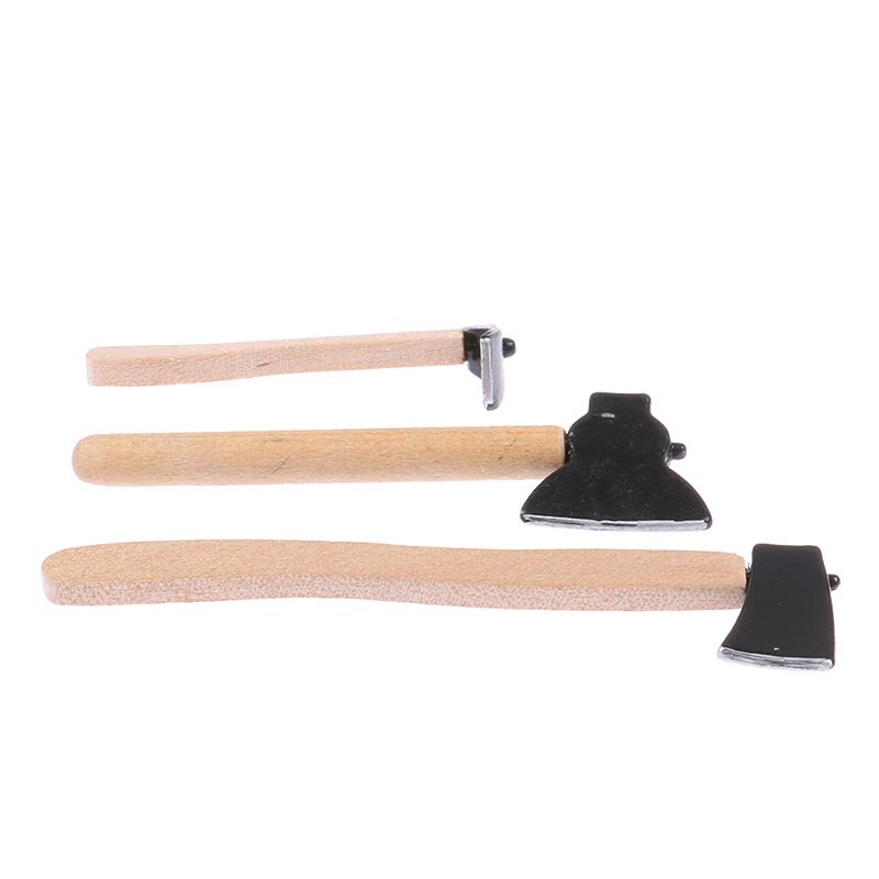 3 Stück/Set Mini Holzspalthammer Beil Puppenhaus Miniatur 1:12 Spielzeugwerkzeuge Axt Hammer