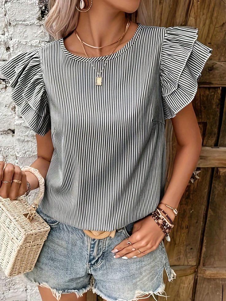 2026 European & American Summer Women's Striped Ruffle Sleeve Top
