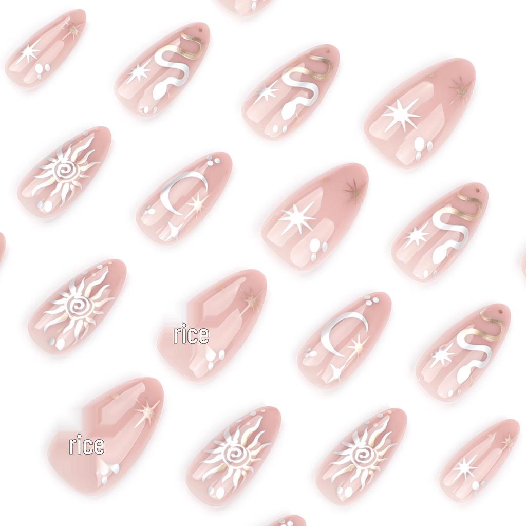 New Year Bestseller Almond Wearable Nails: Year of the Snake Metal Art with Star & Moon False Tips