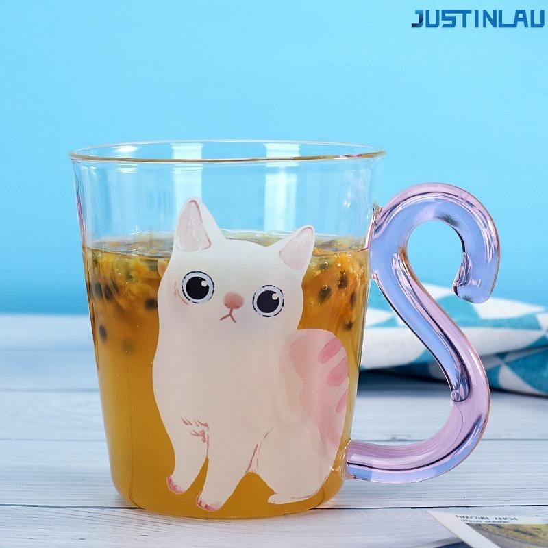 Milk Juice Cup Coffee Cup Cute Cat Transparent Glass Cup Suitable for Couples To Give Gifts with Handle Glass Cup Mug