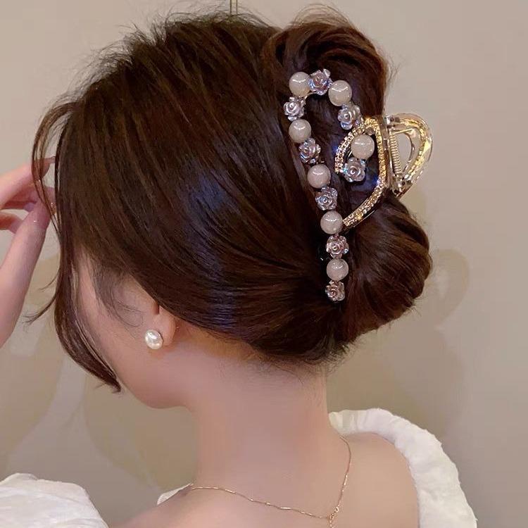 Light Luxury  High-end Sense of Flower  Pearl  Rhinestone  Clip  Female Back Head  Hair Clip  Large Hairpin  Headdress  Hairpin