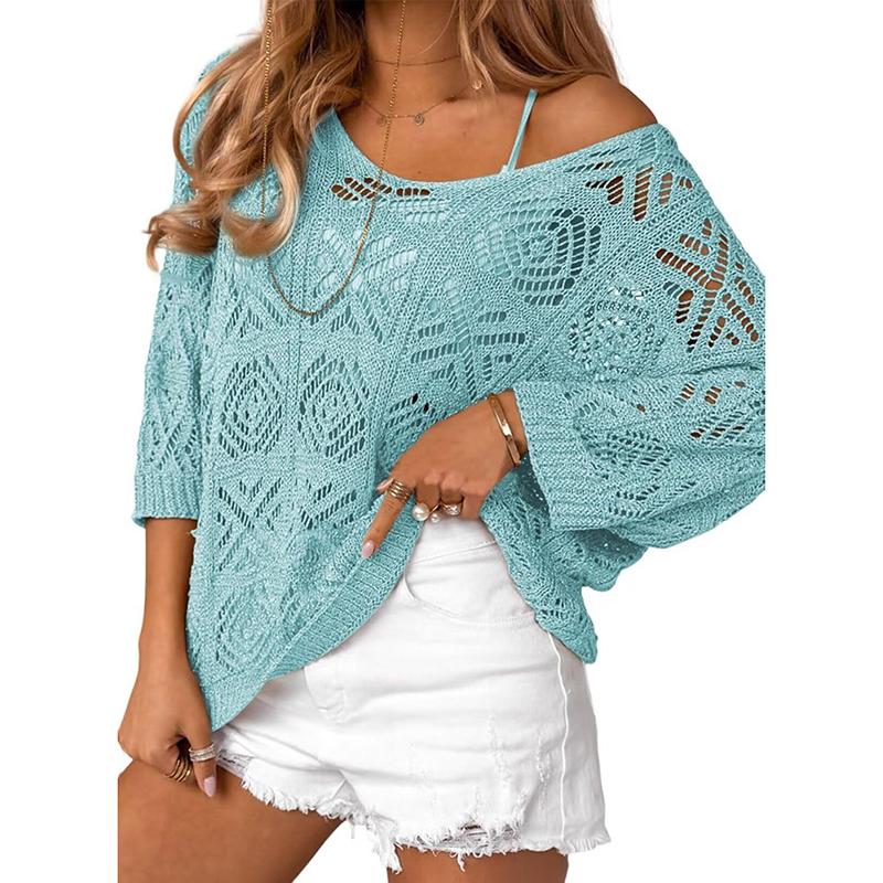 New Sexy V Neck Hollow Out Knitted Sweater Spring Solid Half Sleeve Cape Top Pullover Autumn Fashion Cover Up Women Beach Top