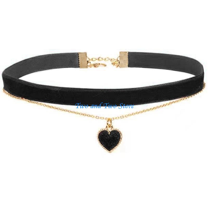 HX6F Heart Pendant Choker Collar Novelty Double Layer Necklace Adjustable Clavicle Chain Sexy Short Chain Jewelry Charms чёрный