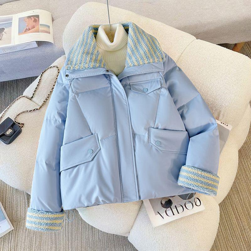 Women's Short Down Cotton Coat: Lamb Wool Loose Winter Jacket, Korean Style Thick Spandex Bread Coat