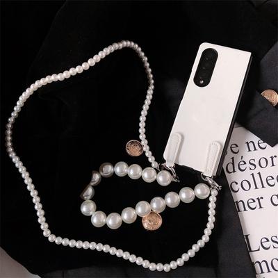 Kožené puzdro na telefón kamienkové Pu pre Samsung Galaxy Z Fold 3 2 5g kryt s elegantným a elegantným perlovým crossbody lanom Z Fold 4