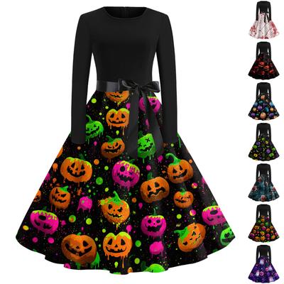 Women's Vintage Long Sleeve Round Neck Dress Halloween Party Printed Midi Dress with Belt Retro Style