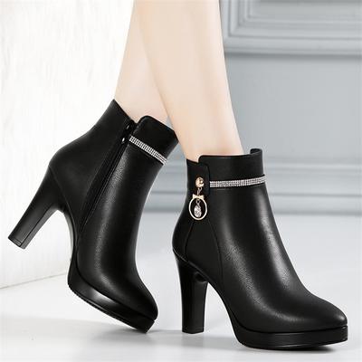 Fashion Comfortable Fashion Soft Leather Winter Shoes Platform Boots 2024 Elegant Black Block High Heel Plush Non-slip Ankle Boots