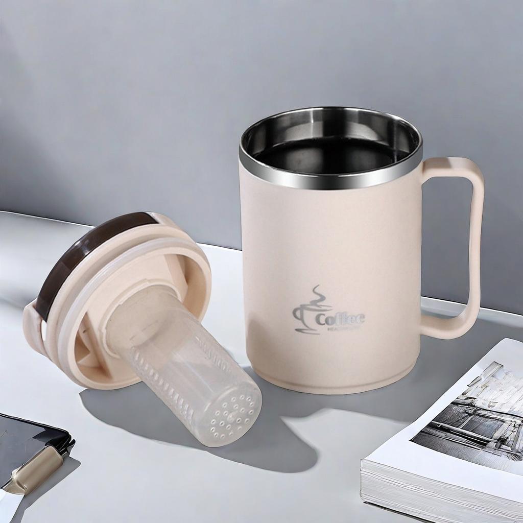 WORTHBUY Double-Wall Thermal Insulated Coffee Mug 304 Stainless Steel Water Cup With Spoon&Tea Strainer Leak-proof Drinking Cup