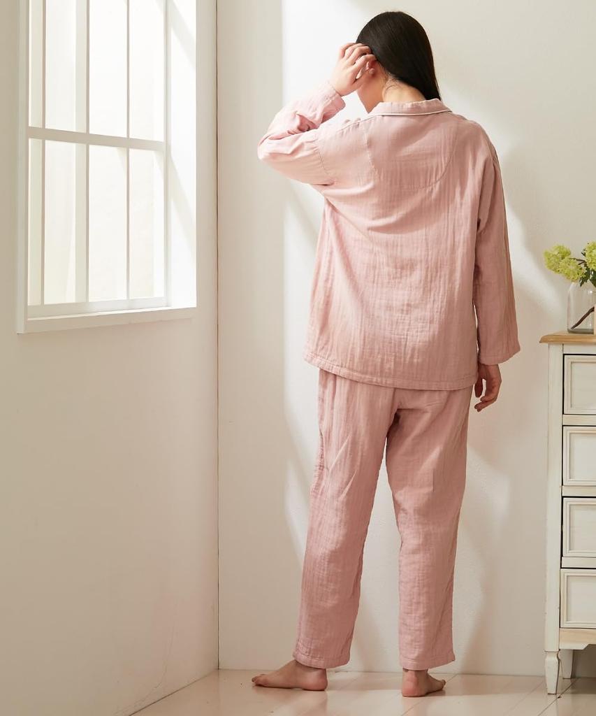 Nissen Pajama and Loungewear Cotton Gauze Pajamas with Collar and Front Size LL Set, Triple-Layer 100% Opening, Greige,