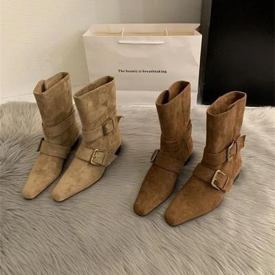 Retro French Style Short Boots Women's Western Square Head Design Korean Version  Small Mass Market Suede Mid-Calf Boots