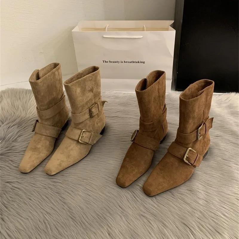 Retro French Style Short Boots Women'S Western Square Head Design Korean Version  Small Mass Market Suede Mid-Calf Boots