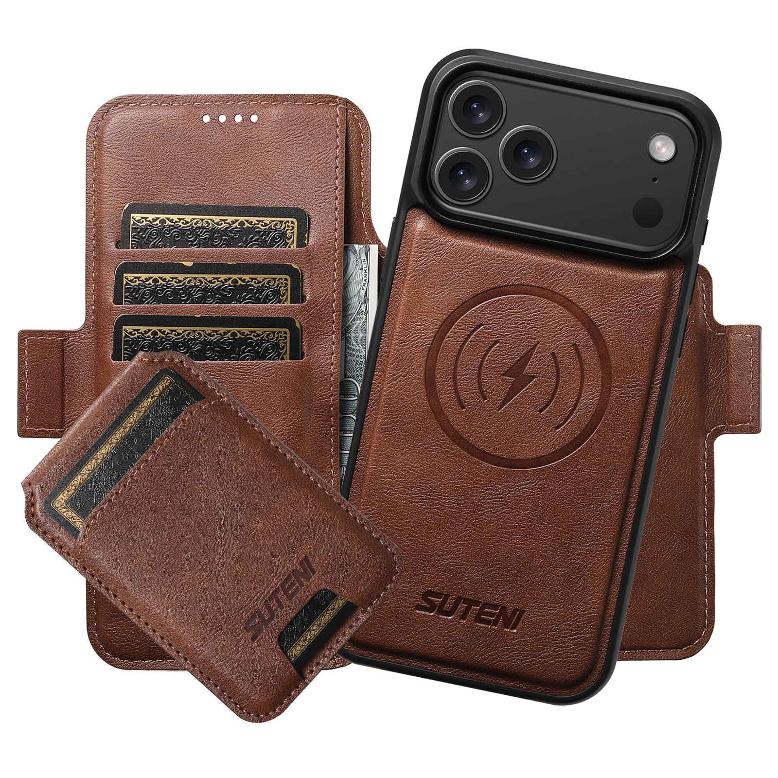 

Кожаный чехол-книжка для iPhone 17 Pro Max со слотом для карт, магнитной застежкой и подставкой для беспроводной зарядки iPhone 17 Pro коричневый