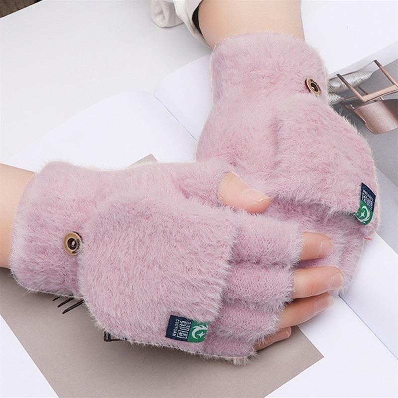 Winter Rabbit Fur Mittens Women Warm Gloves Feamle Girls Flip Plush Glove Fingerless Thicken Warm Mitten Work Gloves Half Finger