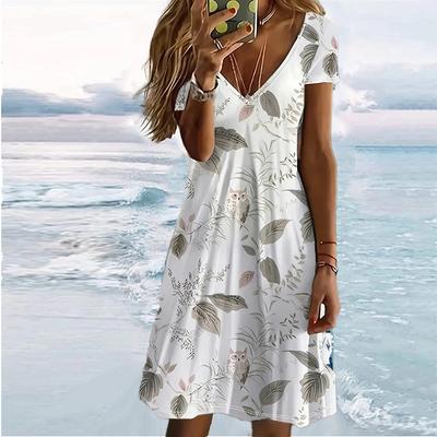 Sommermode Damen V-Ausschnitt Kurzarm Blatt bedrucktes Kleid Sex Kurzer Rock Kleider