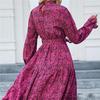 Rose Red Spring Women's Fashion Printed Collar Ruffled Long Sleeve Lace-up Waisted Dress