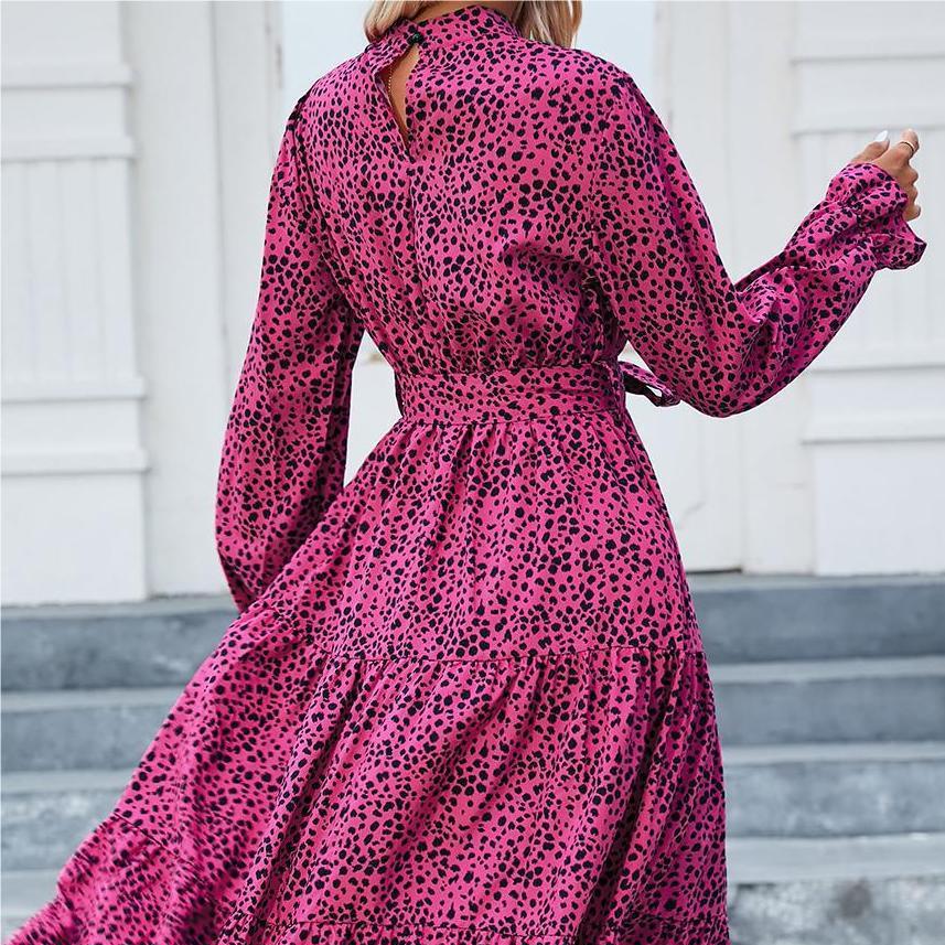 Rose Red Spring Women's Fashion Printed Collar Ruffled Long Sleeve Lace-up Waisted Dress