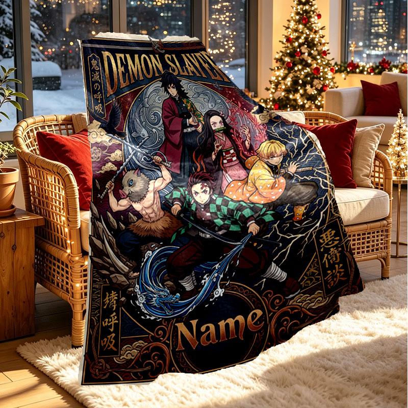 Custom Name Personalized Demon Slayer Print Blanket, Home Decor, Bedroom, Sofa, Camping, Couch, Gifts for Birthday Christmas