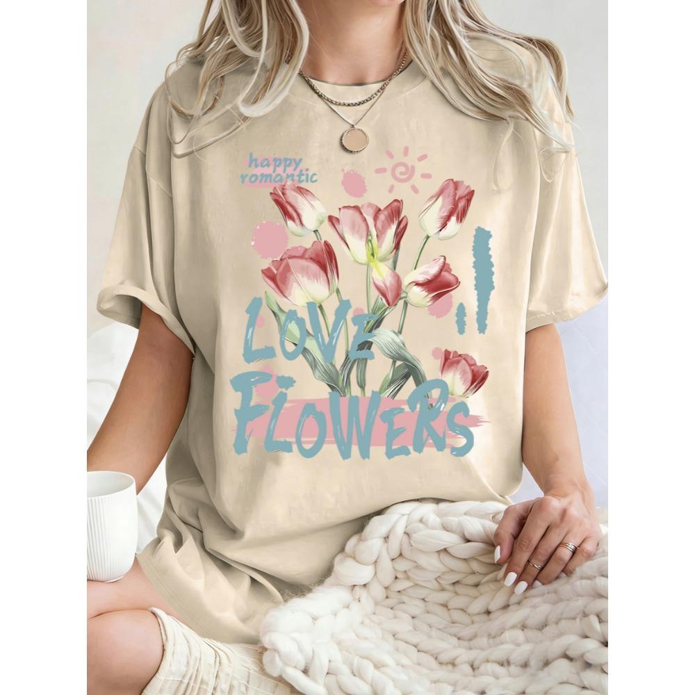 Happy Romantic Love Flowers Print T Shirt Woman O-Neck Oversized T-Shirts Women Breathable Short Sleeve Summer Cotton