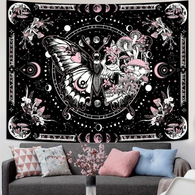 VIKAMA Ästhetischer Schmetterlingsschädel Wandteppich Rosa Schwarz mit Gotischem Pilz Mondphasen für Schlafzimmer Wohnzimmer Dekor Kante