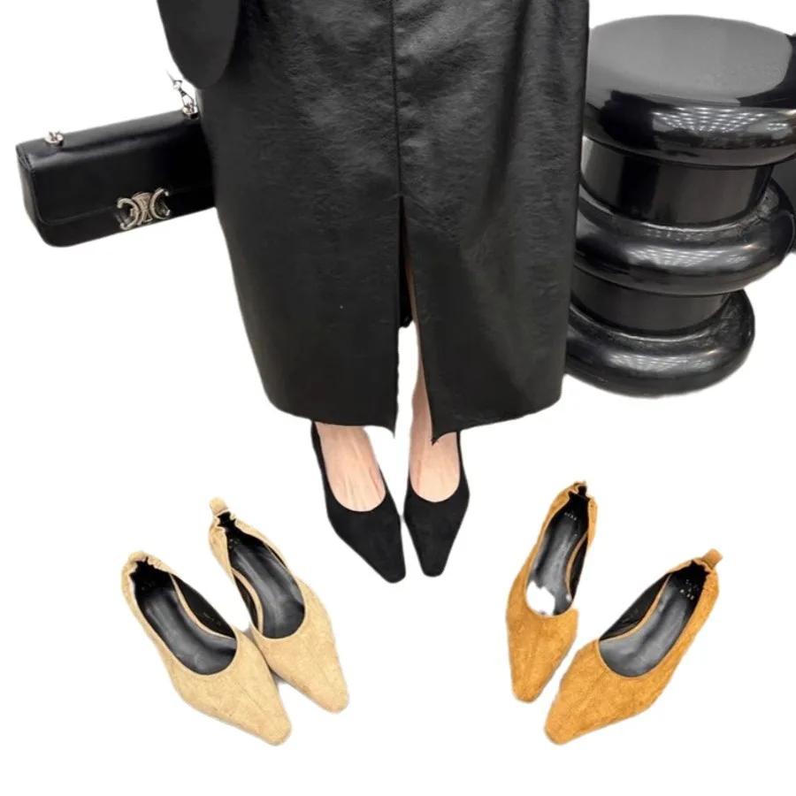 Wildleder Damen Schuhe mit niedrigem Absatz und weicher Sohle, bequeme spitze flache Sohle, einzelner Schuh, elastische Schuhe mit kleiner quadratischer Zehenpartie