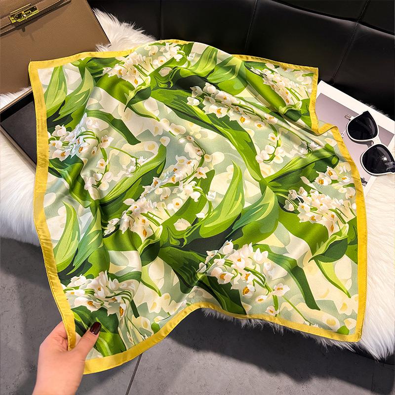 French Light Luxury Floral Small Square Scarf Simulation Silk Printing Silk Scarf Headscarf Women's Spring and Summer Scarf Temperament Scarf Scarf N
