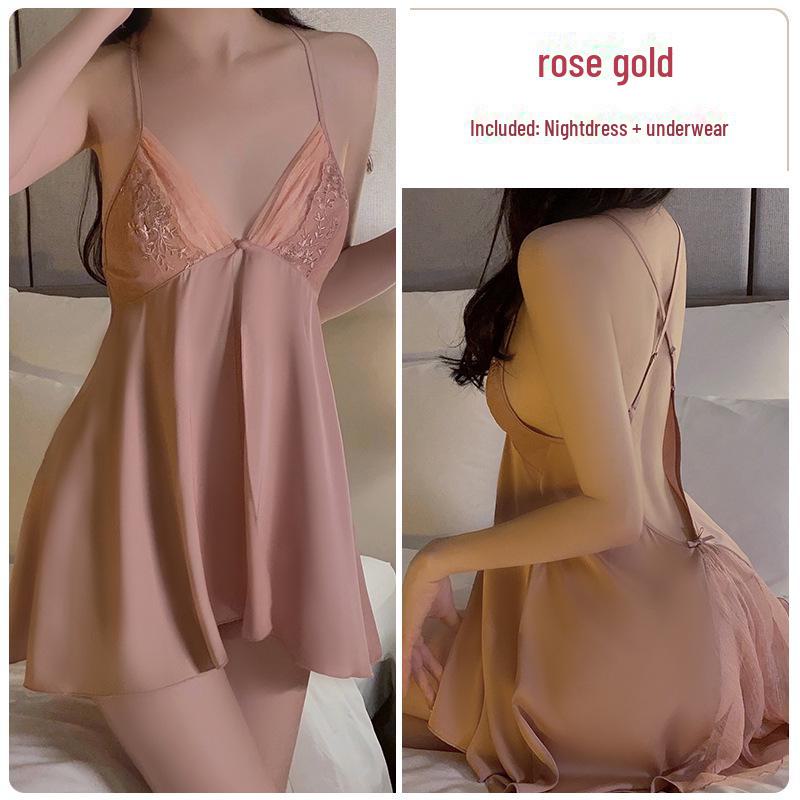 

Guiruo Сексуальная Глубокий V-образный вырез на спине Ледяной Шелковый Ночная Рубашка с Разрезом - Женский Удобный Домашний Костюм L (nightgown + underwear)