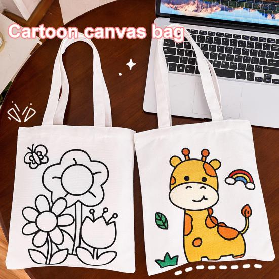DIY Coloring Canvas Bag Cute Animal Plant Space Designs Kids Tote Reusable Shopping Tote for Children School Outing Picnic