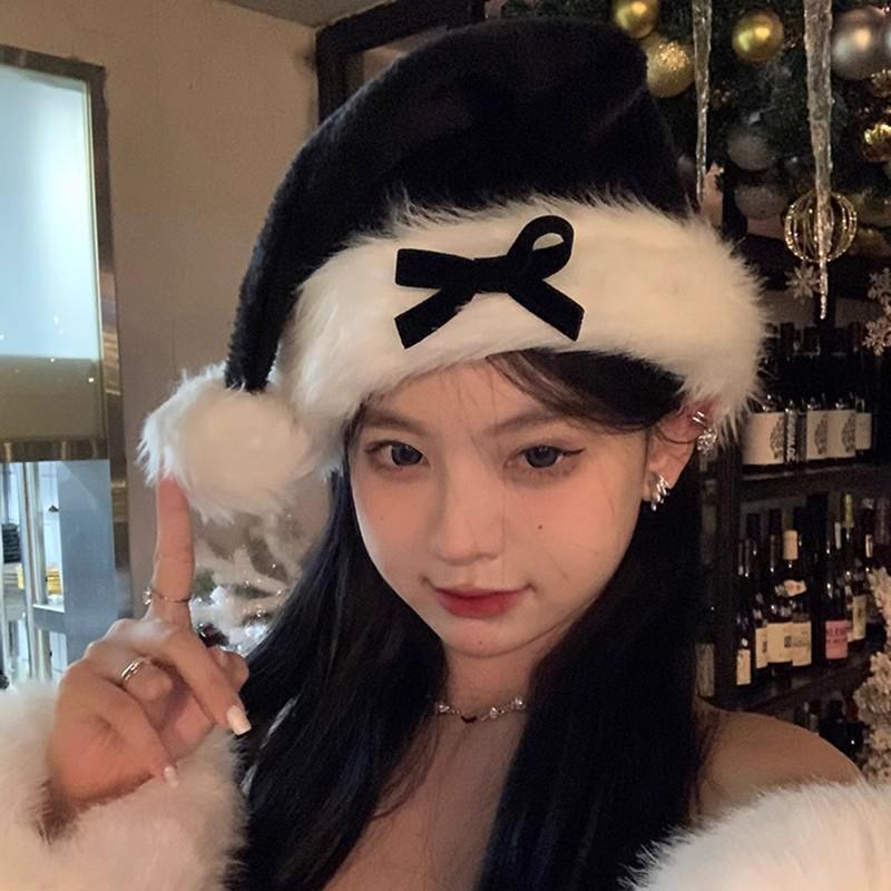 Chapeau Décoratif de Noël Nœud Rouge Féminin Hiver Photo Ambiance Nouvel An Peluche Déguisement de Noël