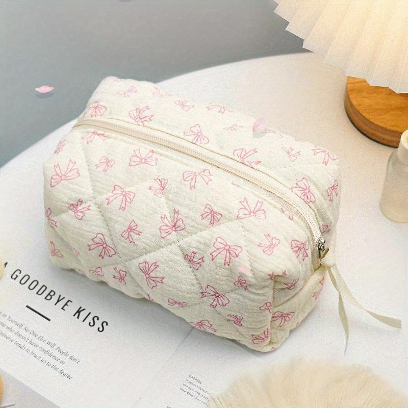Cute Bow Make Up Bag Cute Bow Knot Pattern Toiletries Bag Travel Make Organizer Zipper Pouch, Quilted Cosmetics Bag, Stylish Foldable Commuter