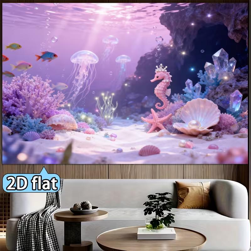 2D Magical Underwater Tapestry Purple Blue Ocean Wall Art for Kids Room
