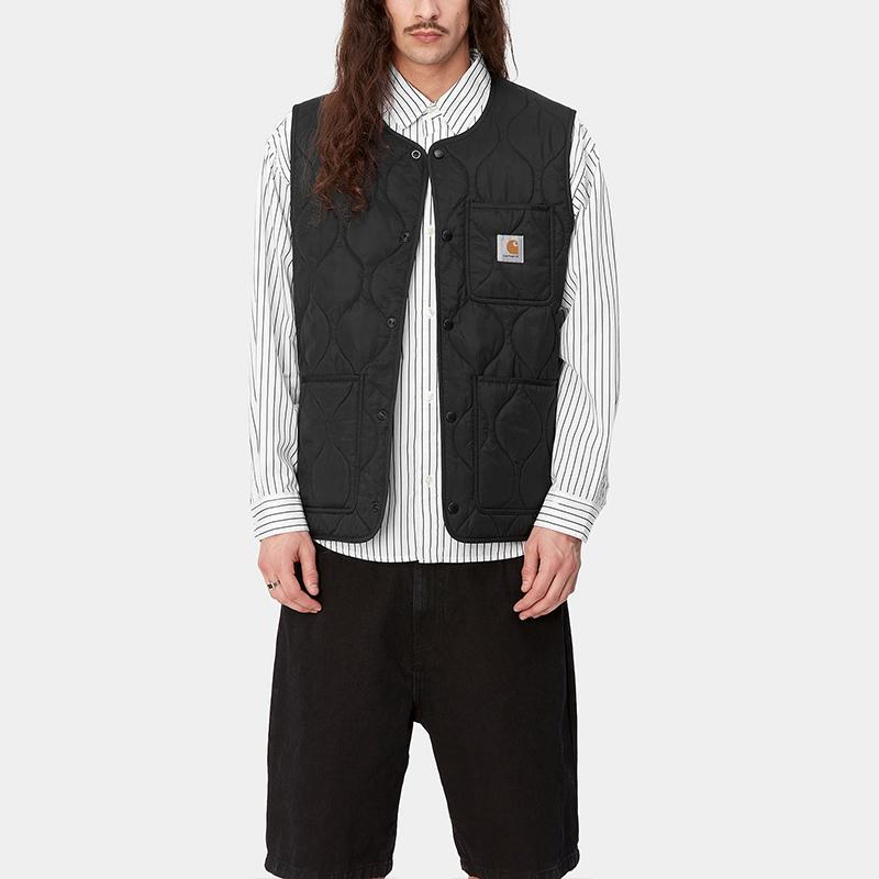 Carhartt WIP SS24 Skyton Vesta Tkaný čtvercový štítek Zapínání na patentky Kulatý výstřih Vesta Pánské vesty Černá I032989-89-XX