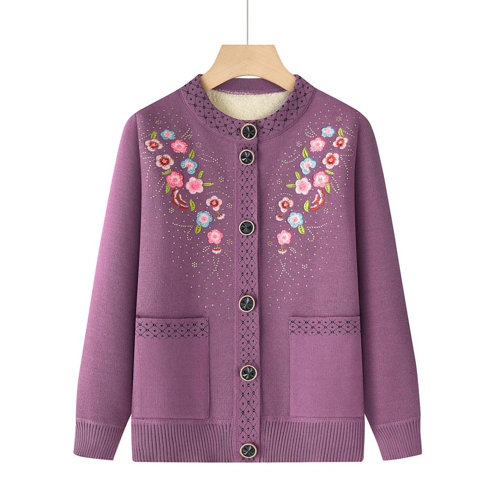 Embroidered Velvet Cardigan for Middle-aged & Elderly Women - Cozy Winter Sweater