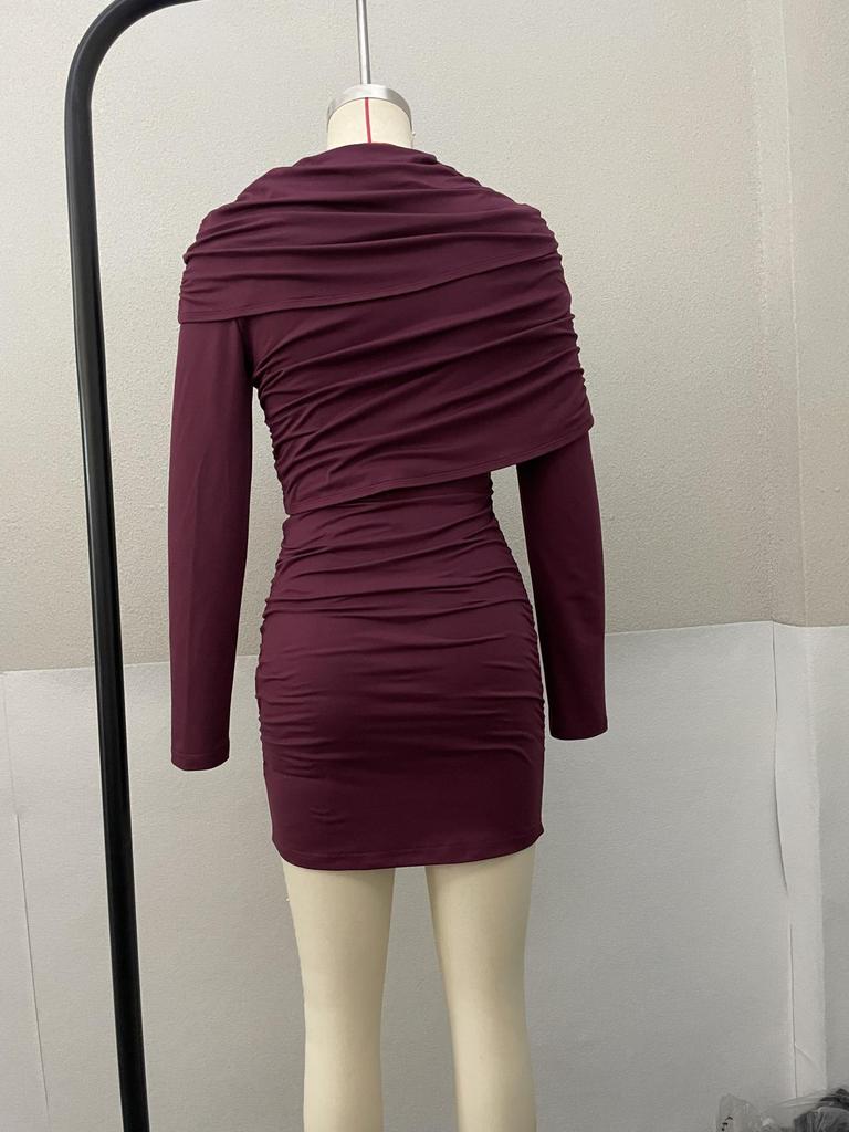 Elegant European-Style Slim Fit Dress: Ruched Long Sleeve for Spring & Autumn Parties