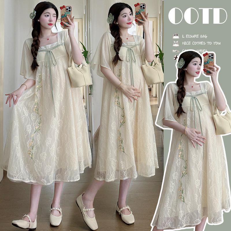 Summer 2026 Embroidered Maternity Dress: Short-Sleeve Plus Size Skirt Set Large