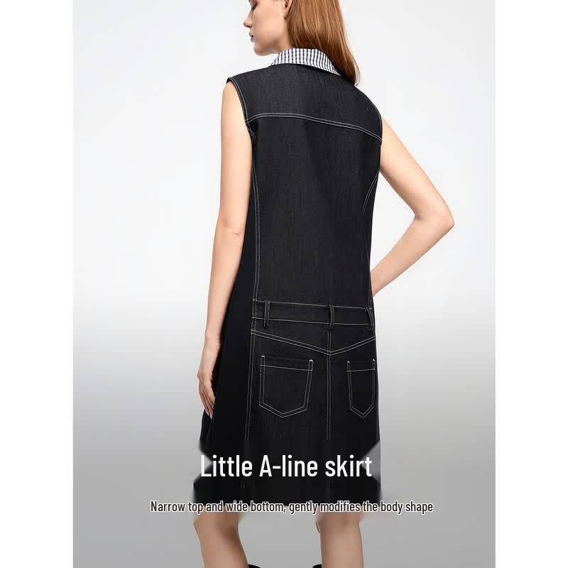 ELLE Women's Plaid Spliced Denim A-line Dress
