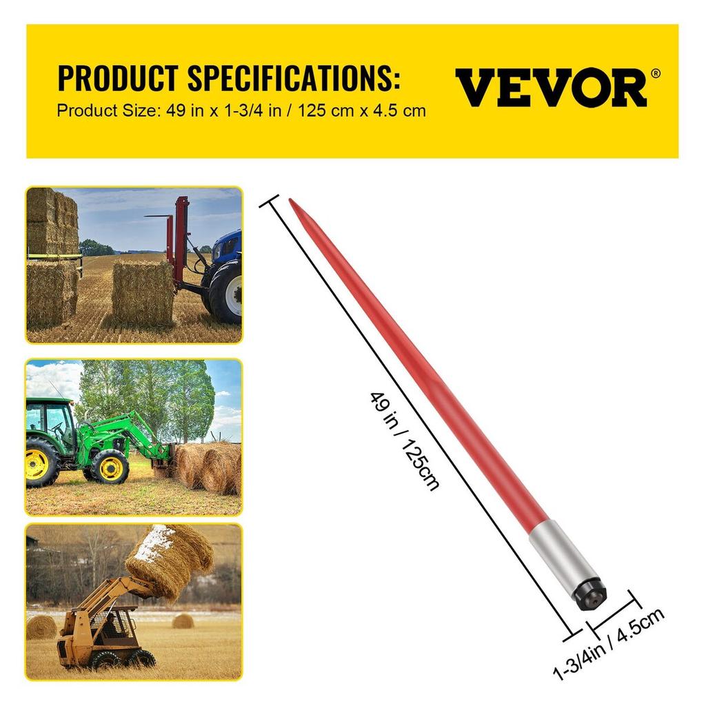 Hay Spear 49" Bale Spear 4500 lbs Capacity, Bale Spike Quick Attach Square Hay Bale Spears 1 3/4" wide, Red Coated Bale Forks, Bale Hay Spike with Hex
