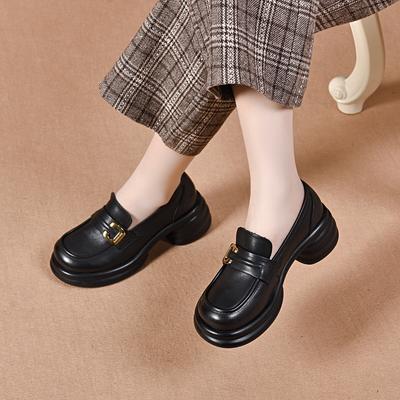 Plateauschuhe Damen Frühling neu erste Schicht Rindsleder Metallschnalle Muffin-Schuhe bequem kleine Lederschuhe Einzelne Schuhe