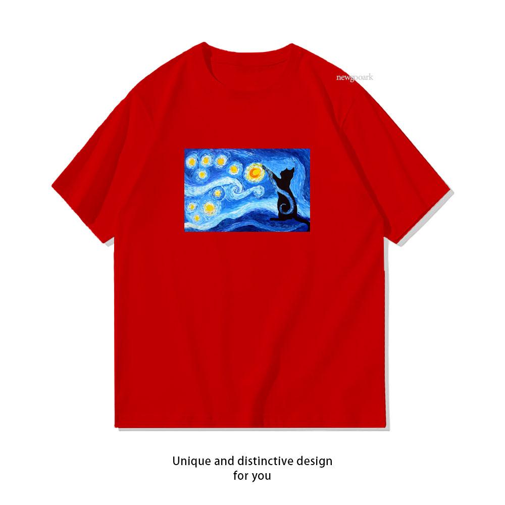

Vintage Starry Night Print with A Black Cat TShirt Women Unisex Casual Cotton Graphic T Shirts Classic Oneck Shirt S